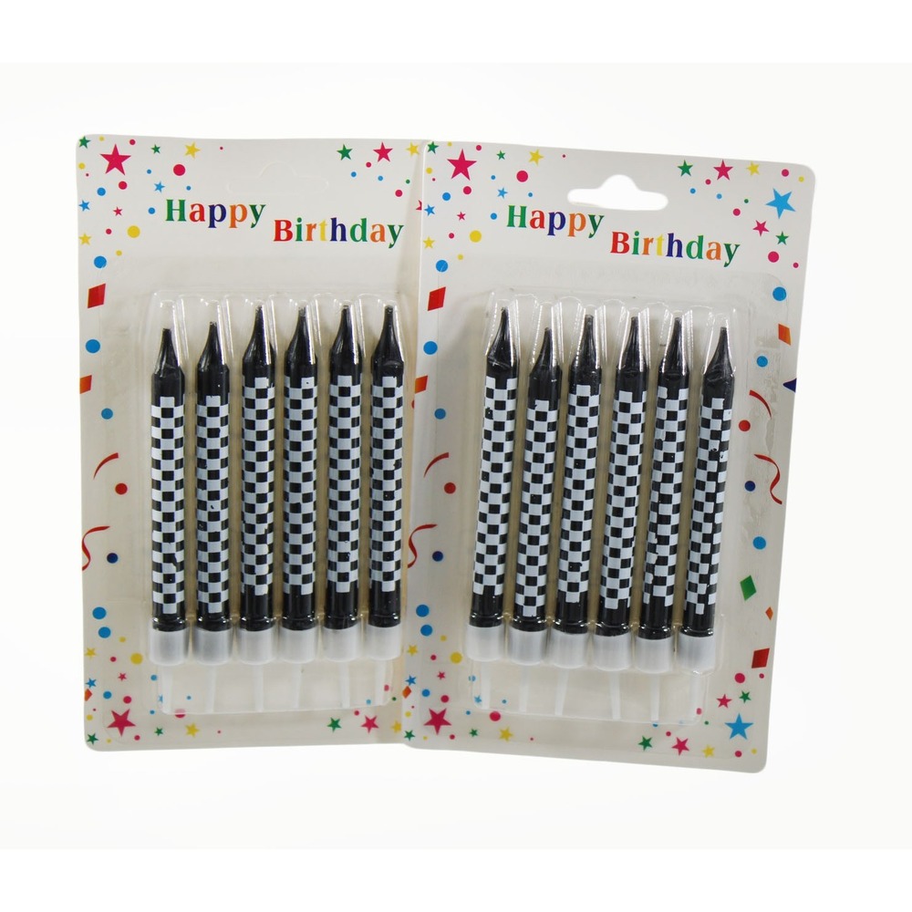 12 Pack Checkerboard Birthday Candles Black White Racing Theme Retro Party Decor